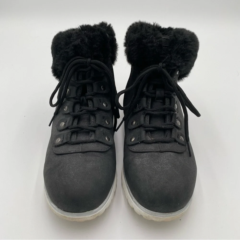 London‎ Fog Faux Fur Trim Full Lace Up Winter Boots Ankle Booties Black Size 6